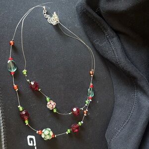 Multicolor Beaded Layereddouble  Necklace - Elegant Green & Red Accent Jewelry